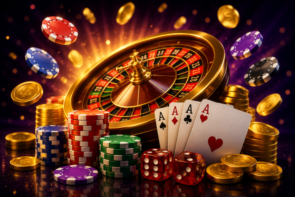 A collection of colorful casino chips, playing cards, and dice laid out with a roulette wheel in the background.